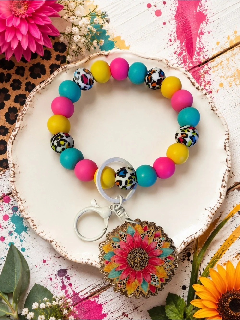 Hand Crafted Pink Teal Yellow Beaded Wristlet Keychain with Sunflower Charm